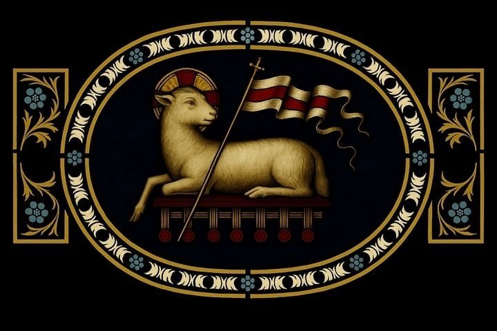 Agnus Dei. El Cordero de Dios recostado sobre el altar, con el estandarte de la resurrección. Tabla de pino nórdico