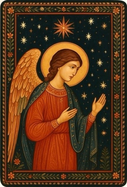 Ángel de la Natividad. Un ángel bajo la estrella, sobre fondo de noche con orla de flores