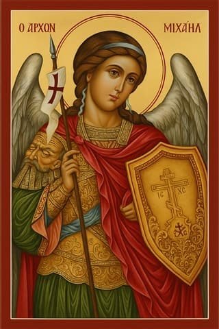 Arcángel Miguel. El arcángel Miguel armado, con la espada y el escudo