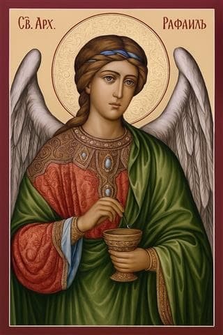 Arcángel Rafael. El arcángel Rafael, el que cura, con el vaso de medicina. Tabla de pino nórdico