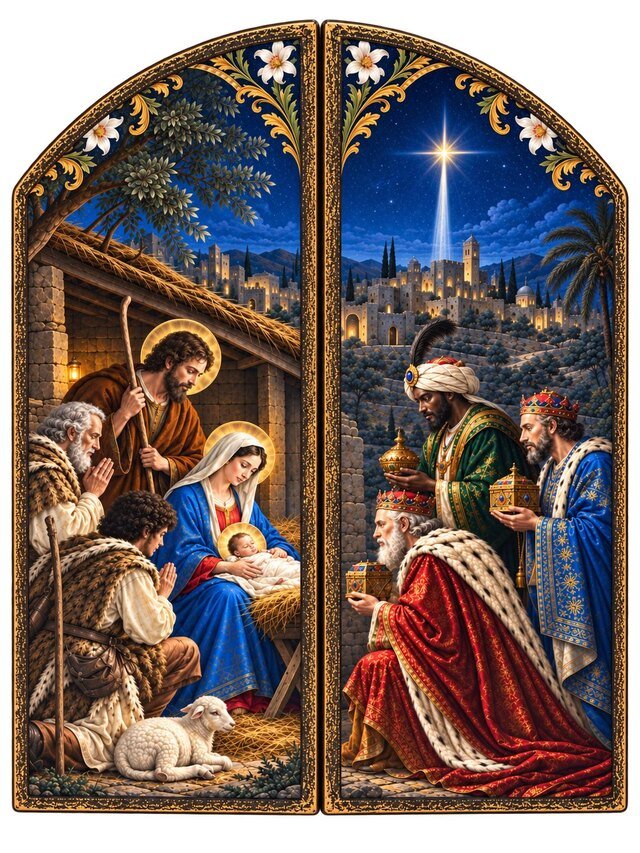 Díptico de la Adoración. Los pastores adorando al Niño en una hoja, y los Reyes Magos bajo la estrella de Belén en la otra. Tabla de pino nórdico