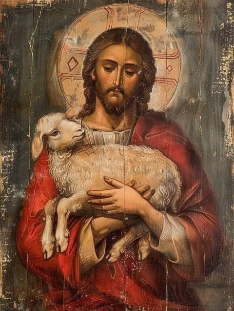 El Buen Pastor. Jesucristo llevando el cordero sobre el pecho