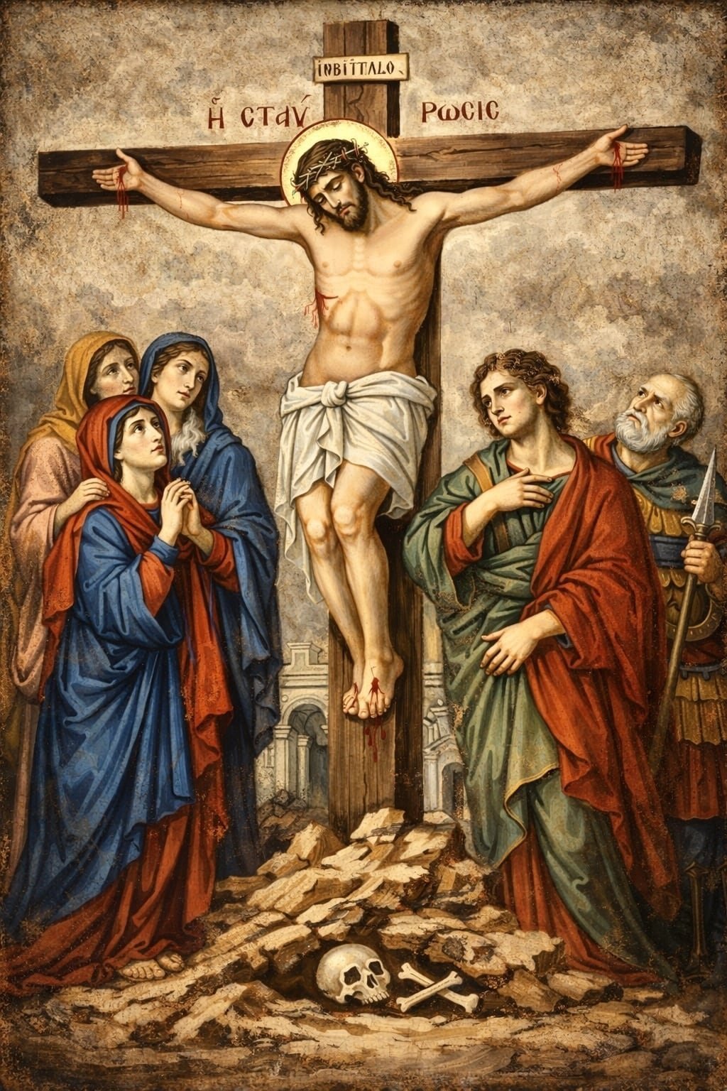La Crucifixión. Cristo en la cruz con la Virgen, las santas mujeres, san Juan y el centurión. Tabla de pino nórdico