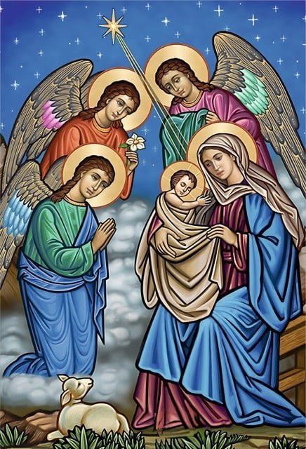 La Natividad. El nacimiento de Jesús, con María, José y los ángeles. Tabla de pino nórdico