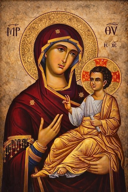 Virgen Odigitria, la que muestra el camino. La Virgen señalando al Niño con la mano derecha