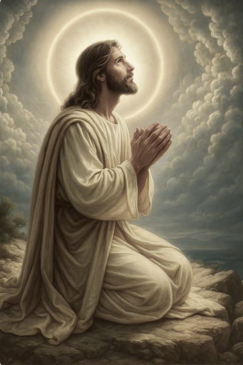 Oración en el huerto. Jesucristo orando de rodillas en Getsemaní