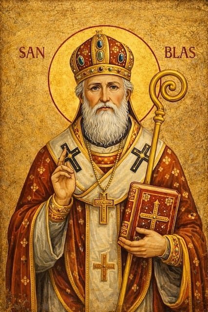 San Blas. San Blas, obispo y médico, bendiciendo, con el Evangelio y el báculo. Tabla de pino nórdico