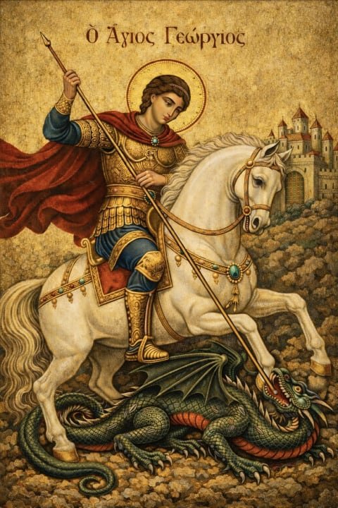 San Jorge y el dragón. San Jorge a caballo venciendo al dragón