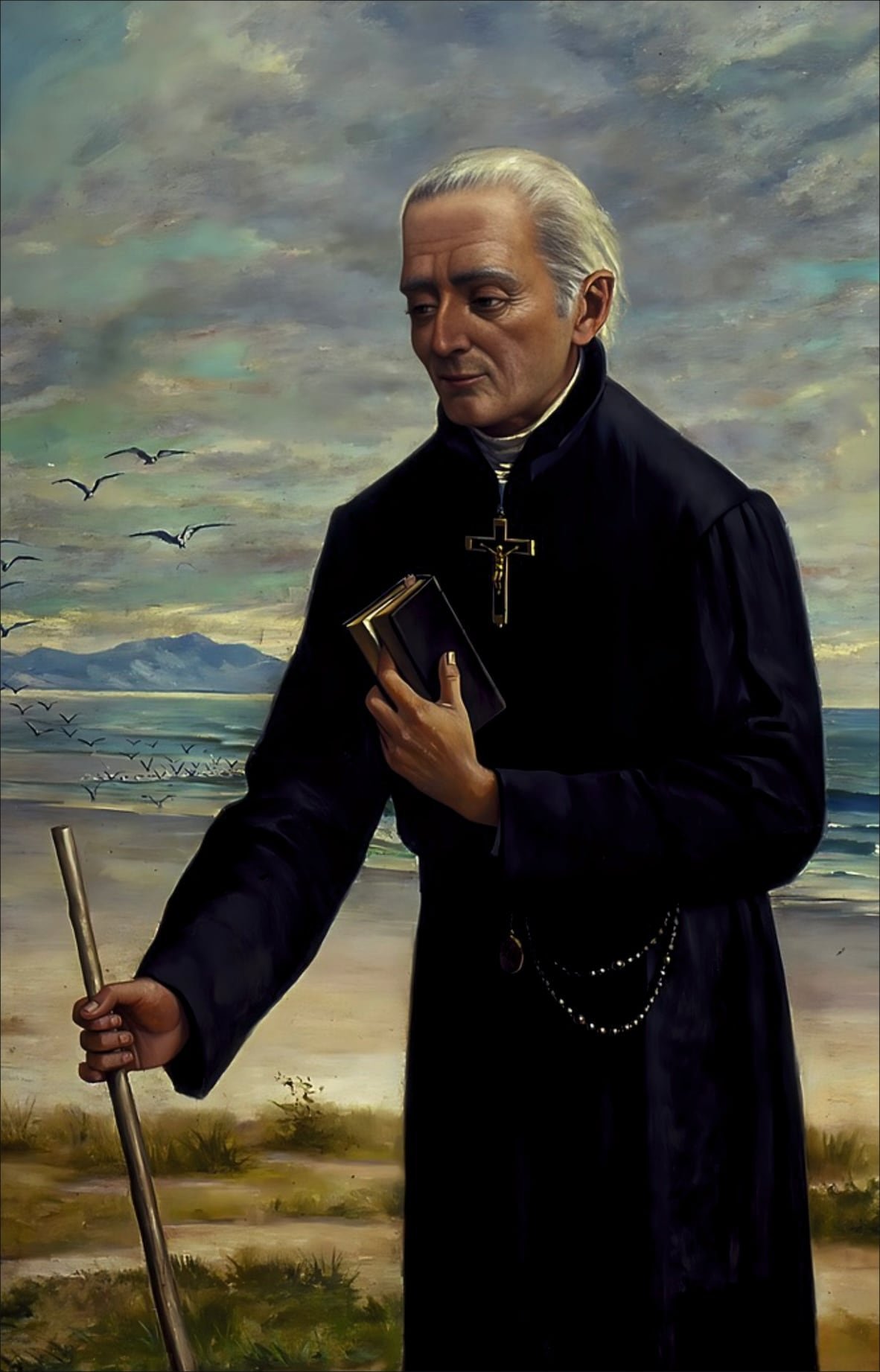 San José de Anchieta. El jesuita lagunero apóstol del Brasil, con el bordón de misionero. Tabla de pino nórdico