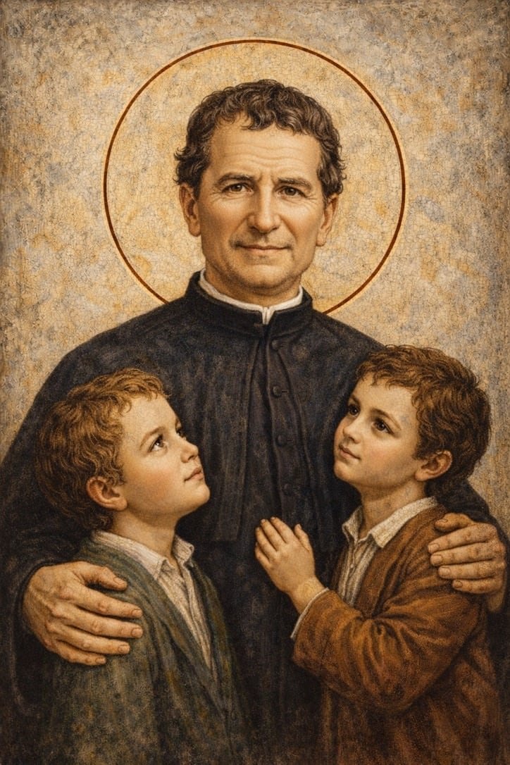 San Juan Bosco. Don Bosco con dos de sus chicos