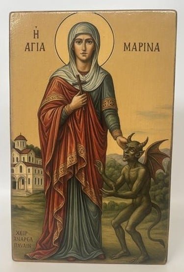 Santa Marina. Santa Marina sujetando al demonio por el cuerno, con el martillo en la mano. Tabla de pino nórdico