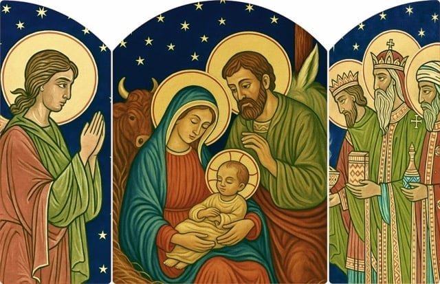 Tríptico de la Natividad. La Natividad en el centro, con un ángel y los Reyes Magos en las hojas laterales