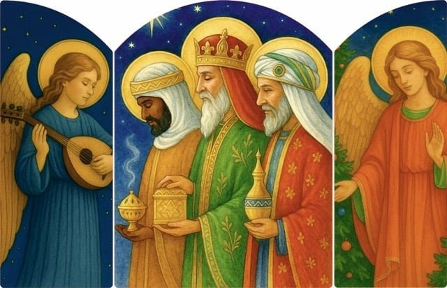 Tríptico de los Reyes Magos. Los tres Reyes con sus ofrendas en el centro, y un ángel en cada hoja