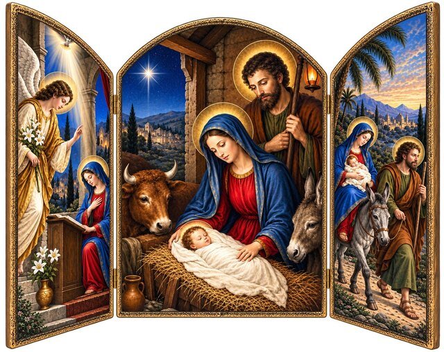 Tríptico del Misterio de Navidad. La Anunciación y la Huida a Egipto en las hojas, con la Natividad en el centro. Tabla de pino nórdico