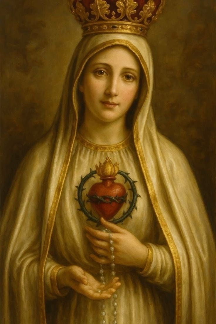Virgen de Fátima. La Virgen coronada, con el rosario en las manos y el Corazón Inmaculado en el pecho. Tabla de pino nórdico