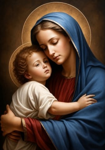 Virgen de la Ternura. La Virgen María sosteniendo al Niño mejilla contra mejilla