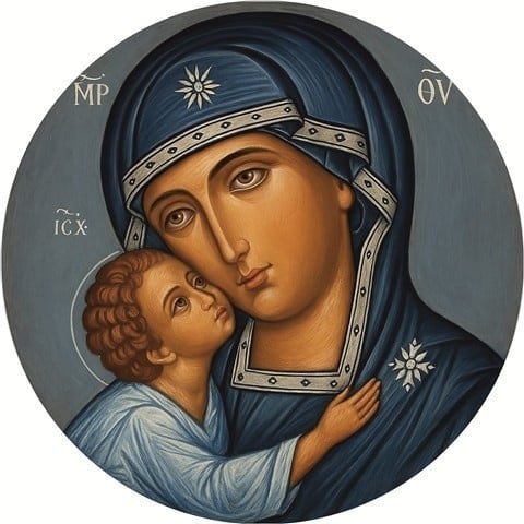 Virgen de la Ternura, tabla redonda. La Virgen y el Niño mejilla contra mejilla, en tabla redonda de setenta centímetros