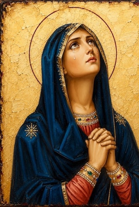 Virgen Dolorosa. La Virgen María llorando, con las manos juntas